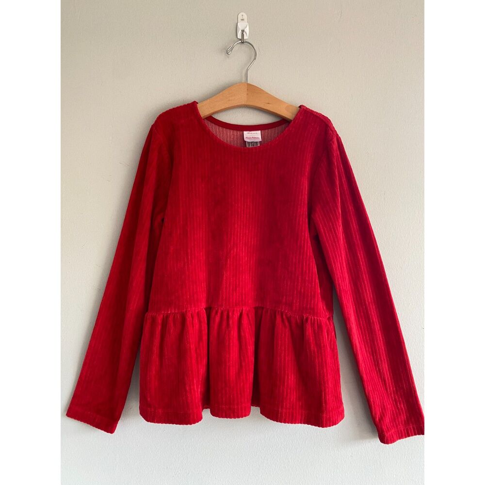 Hanna Andersson Girls' Red Velour Ribbed Peplum Long Sleeve Size 10,140cm